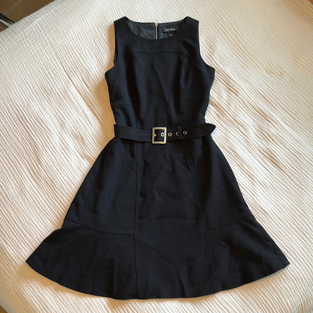 White House Black Market Belted Fit and Flared Black Dress